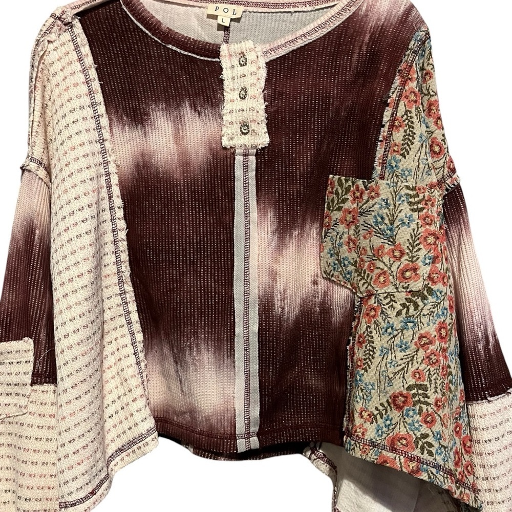 🌸POL L Wildberry Patchwork and Cream Floral Tie-Dye Top P004 - Picture 3 of 8